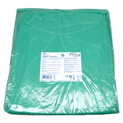 MaiMed-Coat Protect, suojapuku fleecestä, vihreä ei-steriili, joustavat hihansuut, pituus 120cm, 10 kpl | Pakkaus (10 kpl)