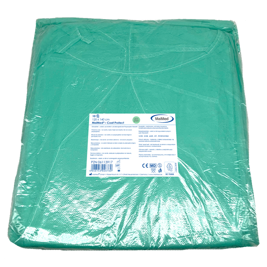 MaiMed-Coat Protect, suojapuku fleecestä, vihreä ei-steriili, joustavat hihansuut, pituus 120cm, 10 kpl | Pakkaus (10 kpl)