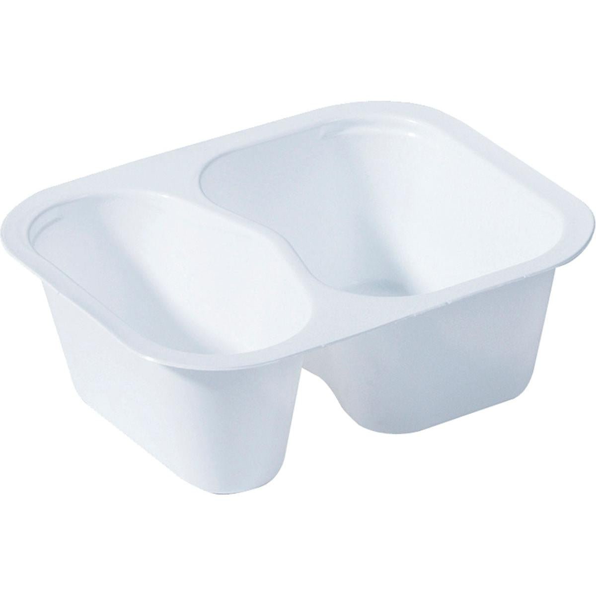 Das Duni GmbH PP-Schälchen 2 Weiß PP 138x114x53 ist ein weißes Kunststofftablett mit zwei Fächern, ideal für Lebensmittel oder Gewürze in der Gastronomie; erhältlich in Packungen zu 480 Stück.