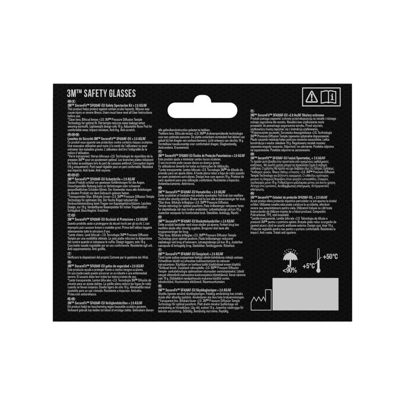 3M™ SecureFit™ lukulasisuojalasien pakkauksen takaosa 3M Deutschland GmbH:lta, jossa on monikieliset turvallisuus- ja tuotetiedot valkoisella mustalla pohjalla, pieniä symbolisia grafiikoita oikeassa yläkulmassa ja lämpötilakaavio oikeassa alakulmassa.