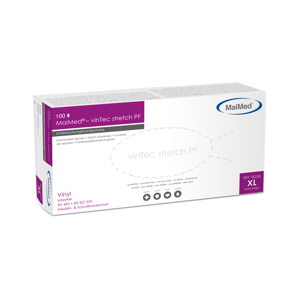 MaiMed-vinTec Stretch PF, ei-steriilit, puuterivinyylitutkintakäsineet 100 kpl/laatikko