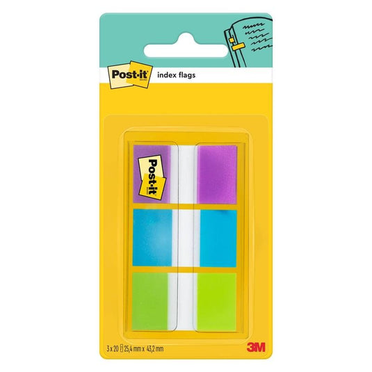 Yksi pakkaus 3M Post-it® Index -tarralappuja, vakiokoko (25,4 mm x 43,2 mm), 60 tarralappua eri väreissä annostelijassa. Ihanteellinen asiakirjojen järjestämiseen; pakkauksessa on Post-it®- ja 3M Deutschland GmbH -brändimerkinnät.