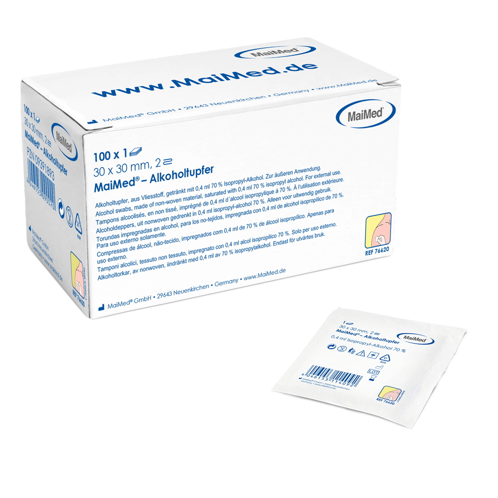 MediTrade -alkoholiprobi 30 x 30 mm valkoinen ei -kuitukangas Kaksi -lauantai | Laatikko (100 kappaletta)