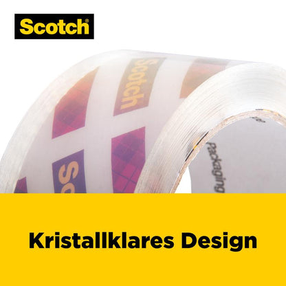 Lähikuva näyttää 3M Deutschland GmbH:n Scotch® Box Lock™ pakkausteipin 3950-LR3-DC (48 mm x 50 m, 3 rullaa/pakkaus), jossa on teksti "Kristallinkirkas muotoilu" valkoisella taustalla ja keltainen osio alareunassa.