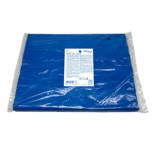 MaiMed-Apron Heavy PE, esiliina PE 75x125cm sininen, 50 kpl/pakkaus, tukkeutunut, sileä pinta | Pakkaus (50 kpl)