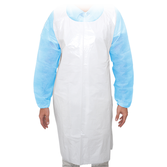 MaiMed-Apron Light PE, esiliina PE 75x120cm valkoinen, 100 kpl/pakkaus, tukkeutunut, sileä pinta | Pakkaus (100 kpl)