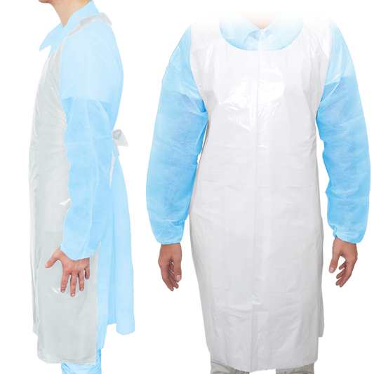 MaiMed-Apron Light PE, esiliina PE 75x120cm valkoinen, 100 kpl/pakkaus, tukkeutunut, sileä pinta | Pakkaus (100 kpl)