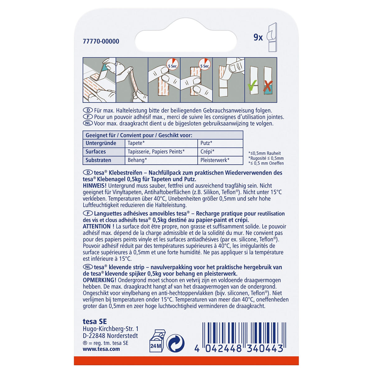 tesa Klebestreifen für Tapeten und Putz, weiß, bis 0,5 kg