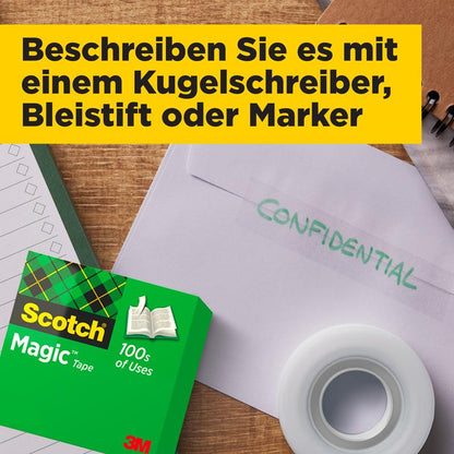 Puisella pinnalla on pakkaus Scotch® Magic™ Invisible Tape 3M Deutschland GmbH:ltä, etupakkaus 8 rullaa (19 mm x 33 m), paperiarkki ja kirjekuori, jossa lukee "CONFIDENTIAL". Keltainen lippu ylhäällä näyttää saksalaisen ohjeen.