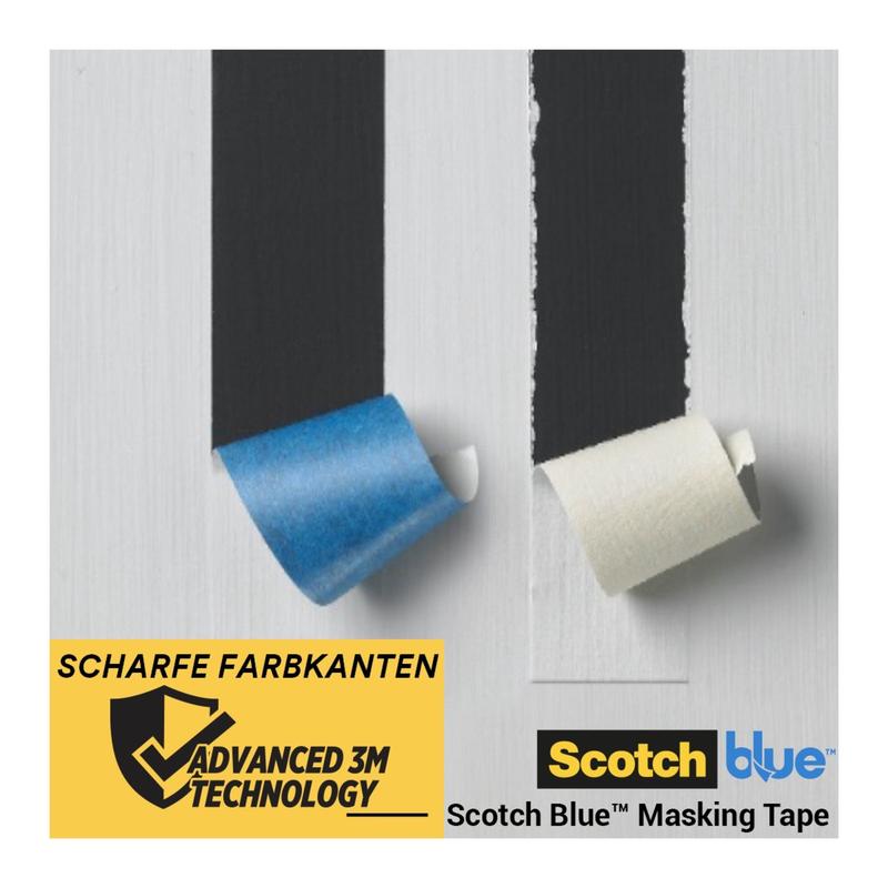Sinisiä ja valkoisia teippiraitoja vedetään maalatulta pinnalta, paljastaen puhtaita maalirajoja. Kuvassa näkyy logoja ja teksti ScotchBlue™ maalarinteipistä teräville linjoille 3M Deutschland GmbH:ltä.