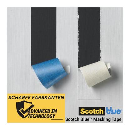 Sinisiä ja valkoisia teippiraitoja vedetään maalatulta pinnalta, paljastaen puhtaita maalirajoja. Kuvassa näkyy logoja ja teksti ScotchBlue™ maalarinteipistä teräville linjoille 3M Deutschland GmbH:ltä.