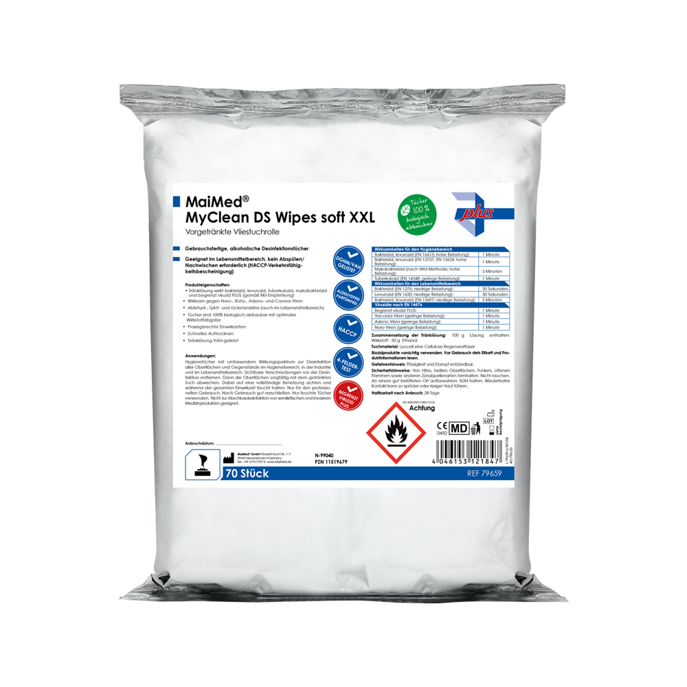 MaiMed MyClean DS Pyyhkeet pehmeät XXL - 70 arkkia valmiiksi kostutettu MaiMed MyClean DS | Pakkaus (70 arkkia)