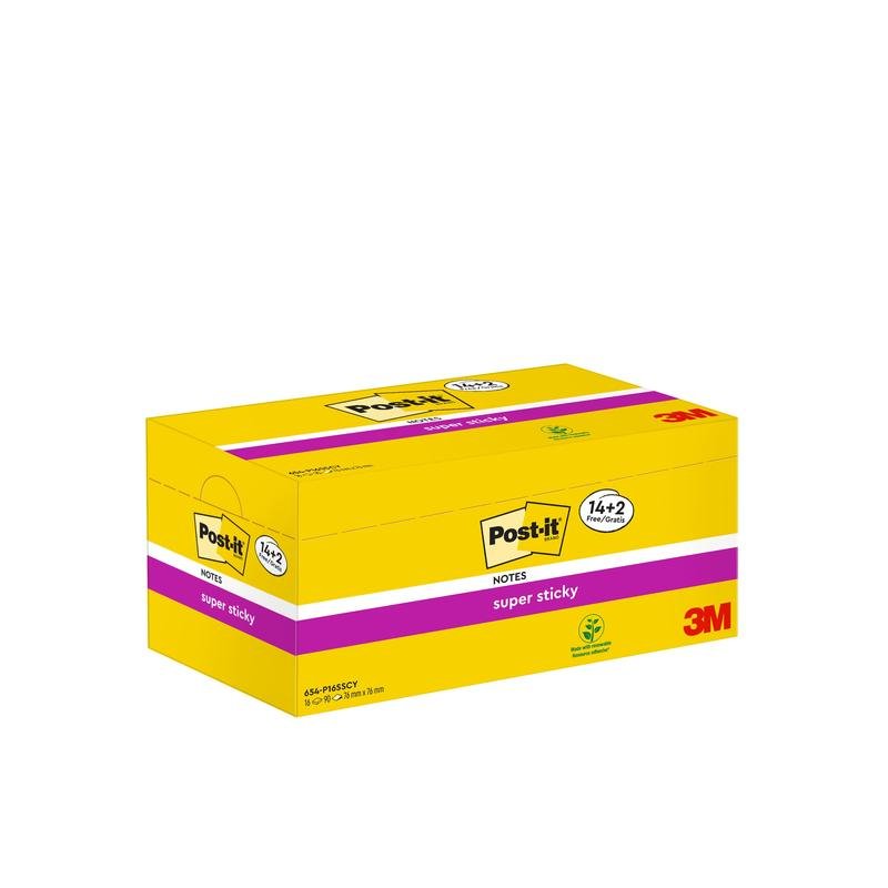 Keltainen laatikko 3M Post-it® Super Sticky Notes (76x76 mm, 90 arkkia/lohko), kampanjapakkaus 14 lohkolla + 2 ilmaista, 100% PEFC-sertifioidusta paperista, 3M Deutschland GmbH:lta, näkyy valkoisella taustalla.