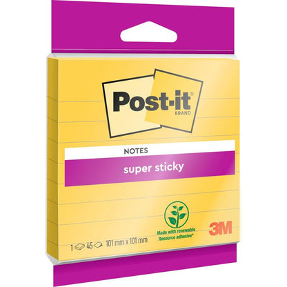 Pakkaus Post-it® Super Sticky Notes -muistilappuja suuressa koossa, viivoitettu, keltainen, 101 x 101 mm, 45 arkkia/lohko, 1 lohko/pakkaus 3M Deutschland GmbH:lta; erittäin vahvalla liimalla ja 100% PEFC-sertifioitu (SGSCH-PEFC-COC-110078).