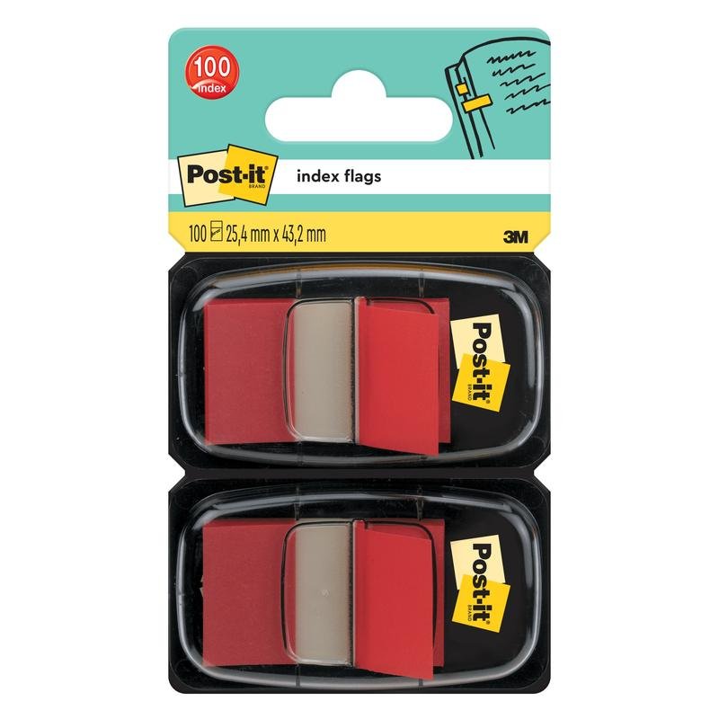 Yksi pakkaus Post-it® Index -tarralappuja 3M Deutschland GmbH:ltä sisältää 50 standardilippua per annostelija, mitat 25,4 mm x 43,2 mm.