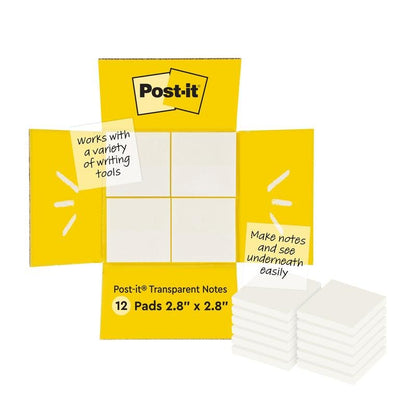 Avoin keltainen laatikko, jossa on teksti "Post-it® Transparent Notes" 3M Deutschland GmbH:lta, näyttää läpinäkyviä muistilappuja sisällä. Teksti korostaa: "Toimii monenlaisten kirjoitusvälineiden kanssa" ja "Tee muistiinpanoja ja näe helposti sen alla." 12 pakettia, 73 mm x 73 mm, 36 arkkia/paketti.