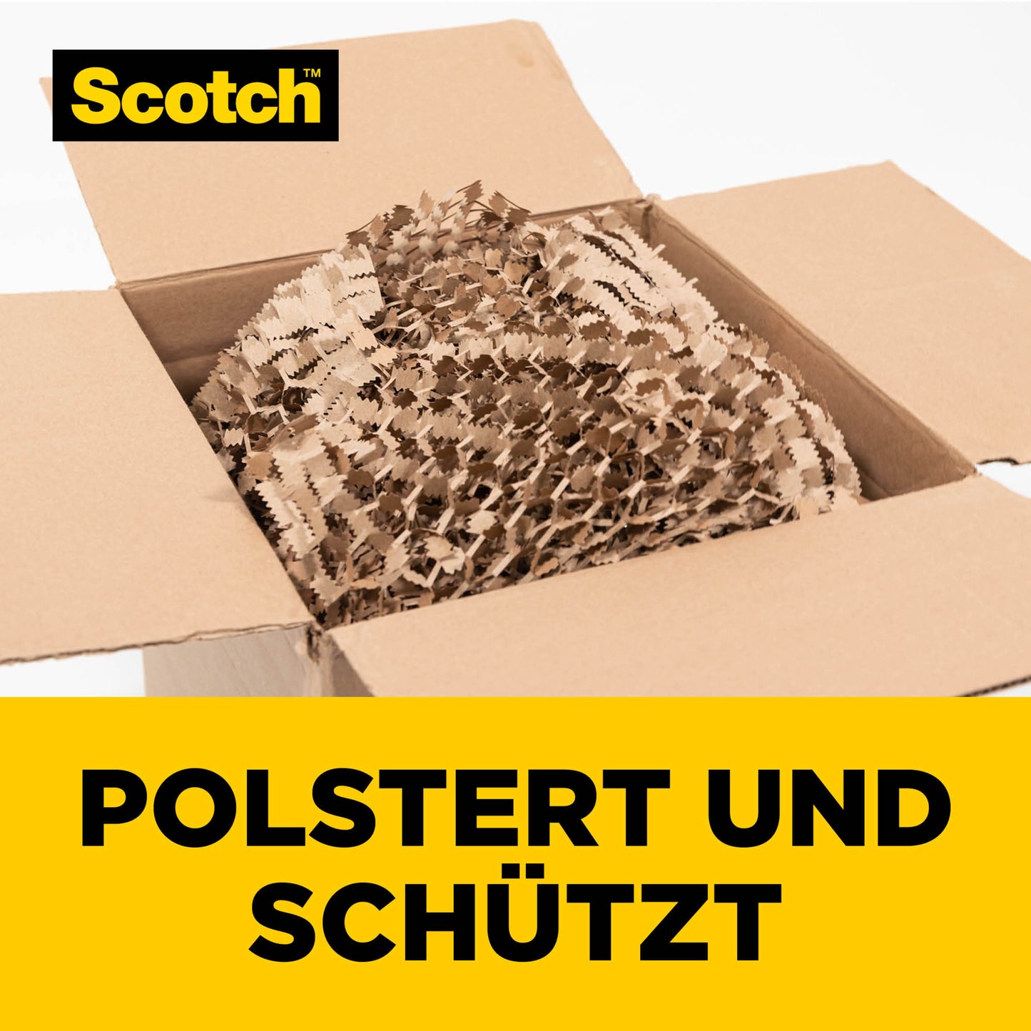 Ein mit Scotch™ Cushion Lock™ Schutzverpackung (30,4 cm x 9,14 m, 1 Rolle/Packung) gefüllter Karton der 3M Deutschland GmbH schützt empfindliche Gegenstände; unter dem Scotch-Logo steht in gelber Schrift "Polstert und schützt".