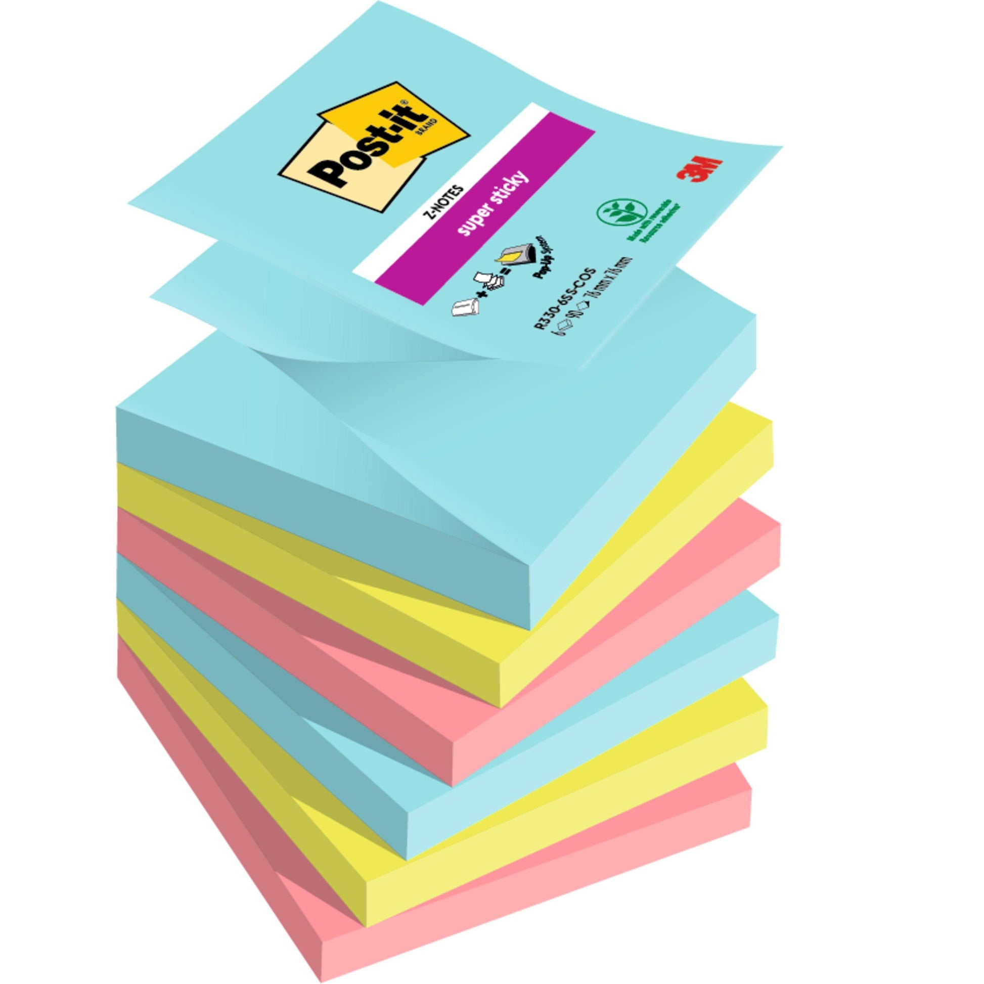 Ein Stapel 3M Post-it® Super Sticky Z-Notes aus der Boost Collection (76x76 mm, 90 Blatt/Block, 100 % PEFC) in den Farben Blau, Gelb und Pink zeigt das Logo und die Produktdetails auf der obersten blauen Notiz.