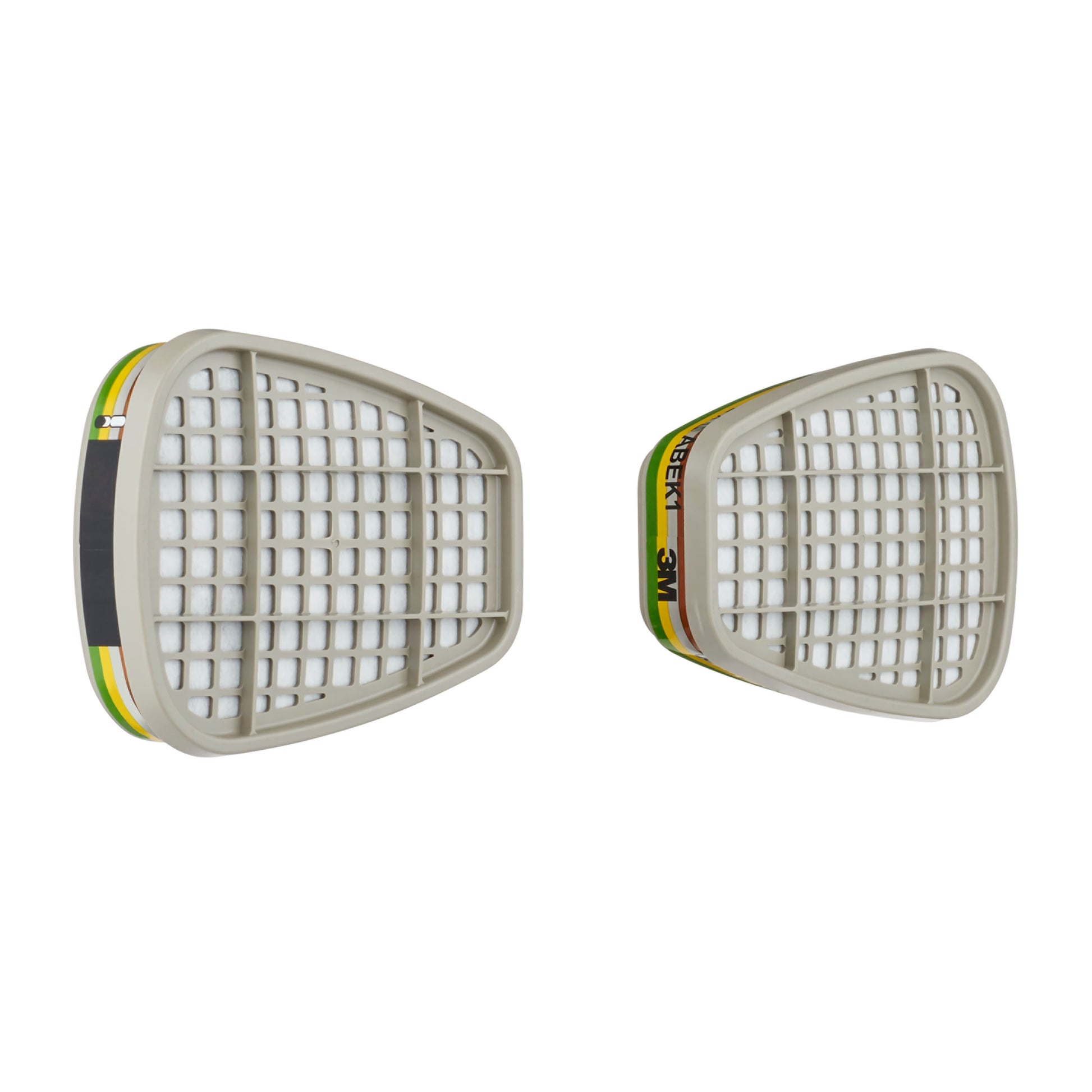 Zwei 3M™ Filterpatrone 6059 ABEK1 Kombinationsfilter der 3M Deutschland GmbH in rechteckigem Design mit weißem Gittermuster und farbigen Streifen sind vor weißem Hintergrund abgebildet. Packung mit 1 Paar.