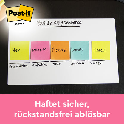 Valkotaululla on viisi värikästä 3M Deutschland GmbH:n Post-it® Notes -lappua (76mm x 127mm, 100 arkkia / lohko, 6 lohkoa / pakkaus, 100% PEFC), joissa on merkittyjä lauseen osia ja Post-it-logo. Saksalainen teksti kuuluu: "Tarttuu varmasti, irtoaa jäämättömästi.