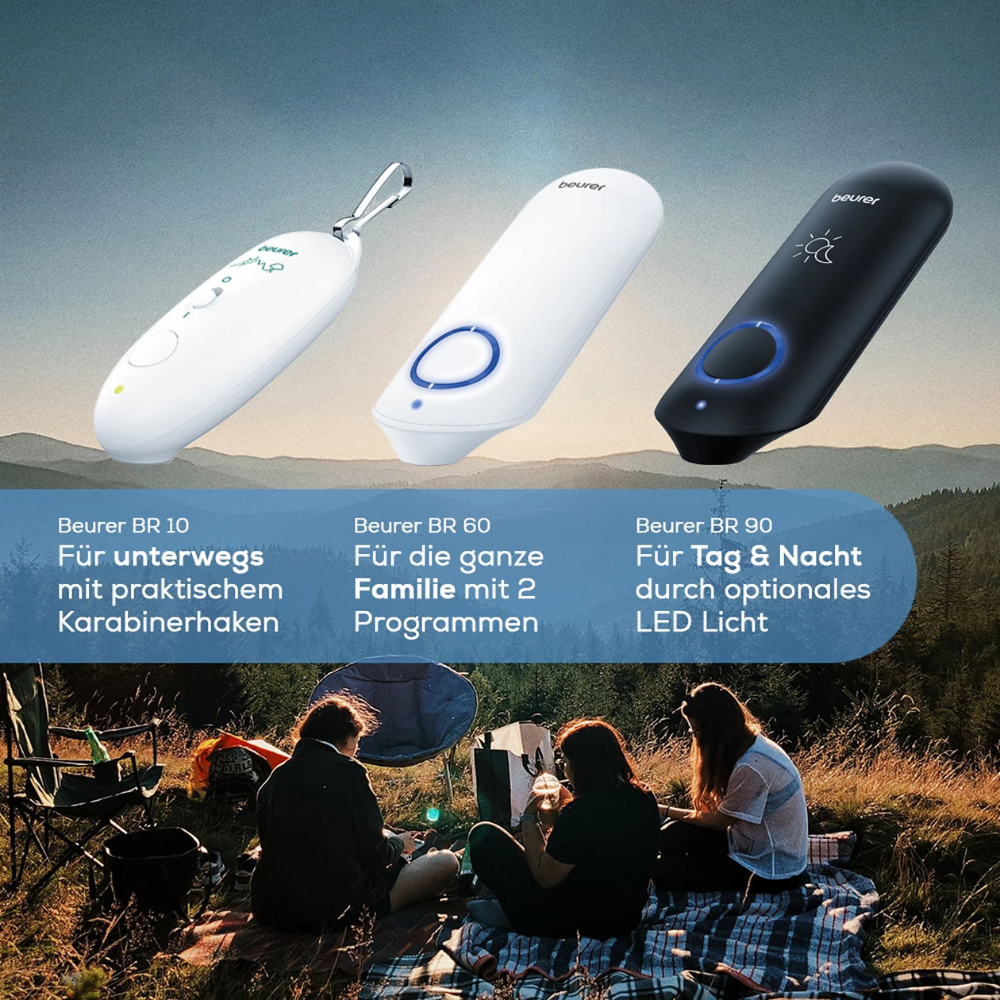 Beurer GmbH:n BR 60 Insektenstichheiler näkyy leirintäkohtauksessa karabiinihakojen, kahden ohjelman ja valinnaisen LED-valon kanssa - ihanteellinen hyönteisten puremien hoitoon ulkona.