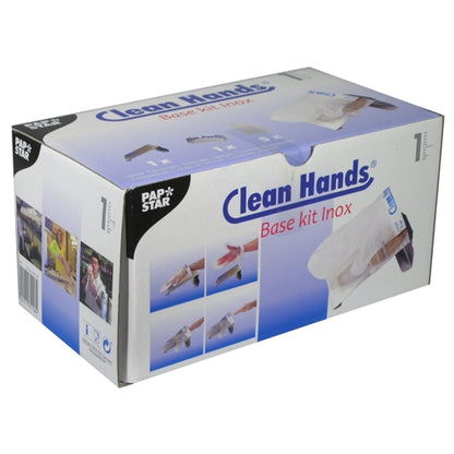 PAPSTAR Clean Hands Base Kit, ruostumaton teräs (11,5x12,7x22 cm, hopea) PAPSTAR GmbH:lta tulee valkoisessa taitettavassa laatikossa, jossa on sinisiä ja violetteja aksentteja ja joka näyttää kuvia käsisuojasta hygieeniseen käyttöön.