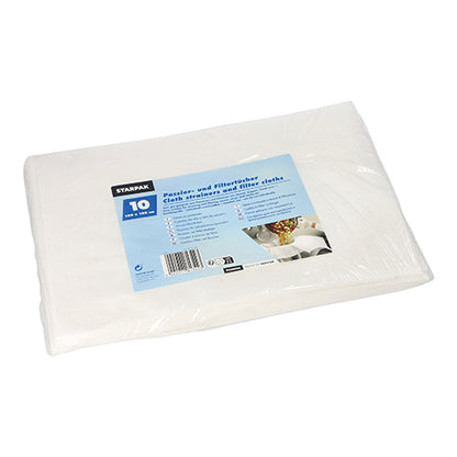 Starpak 10 siivilä- ja suodatinkankaat (100x100 cm, valkoinen) toimitetaan läpinäkyvässä kalvopakkauksessa, jossa on tuotetiedot ja kuvat etiketissä. Jokainen pakkaus sisältää 10 valkoista suodatinkangasta – ihanteellinen keittiöön.