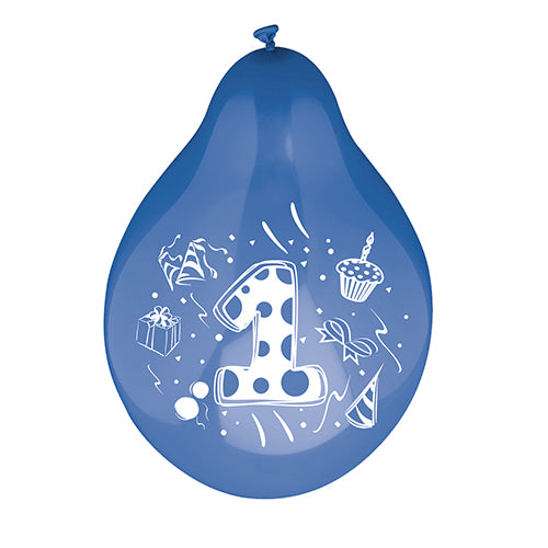 Ein Zahlenluftballons-Ballon (Ø 25 cm, farbig sortiert) der PAPSTAR GmbH zeigt in der Mitte eine große weiße Zahl Eins, akzentuiert durch bunte Bilder eines Geschenks, eines Cupcakes, einer Partymütze, Konfetti und Bänder.