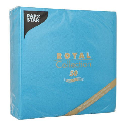 Selkeästi pakattu PAPSTAR GmbH:n 50 lautasliinaa "ROYAL Collection" 1/4-taitto, 40 x 40 cm, turkoosinsininen pakkaus hopeisilla ja kultaisilla kirjaimilla.