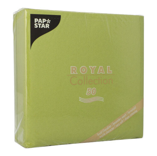 Eine grüne, quadratische Kunststoffverpackung mit der Aufschrift "PAPSTAR 50 Servietten 'ROYAL Collection' 1/4-Falz 40 x 40 cm grün" der PAPSTAR GmbH ist mit schlichter weißer und goldener Schrift versehen und enthält 50 Servietten.