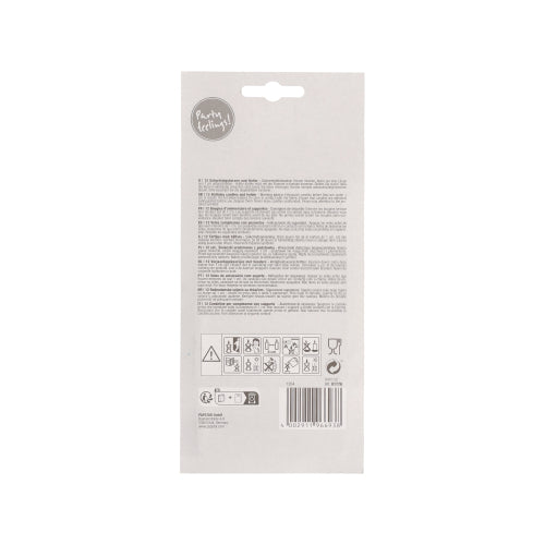 PAPSTAR GmbH syntymäpäiväkynttilöiden 10 cm, värilajiteltu pidikkeellä (12 kappaletta) pakkauksen takapuoli näyttää monikieliset hoito-ohjeet, varoitusmerkit, piktogrammit, viivakoodin ja "Party Edition!"-etiketin - ihanteellinen jokaiseen syntymäpäiväjuhlaan.