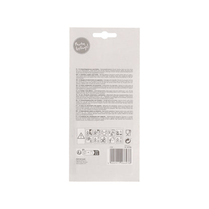 PAPSTAR GmbH syntymäpäiväkynttilöiden 10 cm, värilajiteltu pidikkeellä (12 kappaletta) pakkauksen takapuoli näyttää monikieliset hoito-ohjeet, varoitusmerkit, piktogrammit, viivakoodin ja "Party Edition!"-etiketin - ihanteellinen jokaiseen syntymäpäiväjuhlaan.