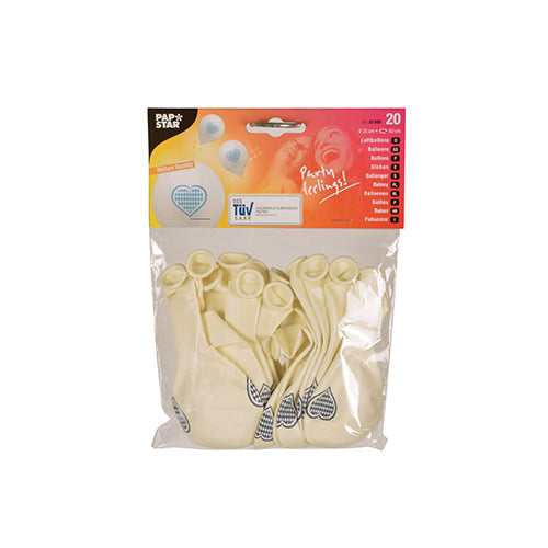 Läpinäkyvä pakkaus, jossa on 20 PAPSTAR ilmapalloa "Bayrisch Blau" (25 cm, valkoinen lateksi sinisellä sydänkuviolla) PAPSTAR GmbH:lta; punavalkoinen yläetiketti. Ihanteellinen Oktoberfest-koristeluun ja muihin juhliin.