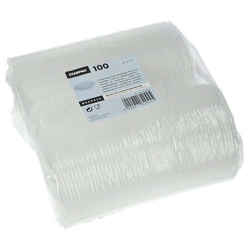 Läpinäkyvä, kalvolla kääritty pakkaus, joka sisältää 100 Starpak-kantta pakkauskupeille (pyöreä, Ø10,1 cm, 0,8 cm) PP:stä. Etiketissä näkyvät tuotetiedot, viivakoodi ja kierrätyssymbolit.
