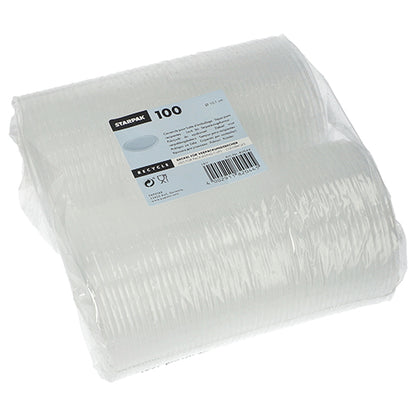 Läpinäkyvä, kalvolla kääritty pakkaus, joka sisältää 100 Starpak-kantta pakkauskupeille (pyöreä, Ø10,1 cm, 0,8 cm) PP:stä. Etiketissä näkyvät tuotetiedot, viivakoodi ja kierrätyssymbolit.