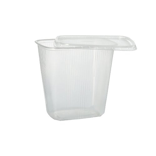 Starpak 100 -pakkauskuppi on läpinäkyvä, suorakulmainen 250 ml:n PP-muovinen elintarvikesäiliö, jossa on sopiva kansi. Tuote on kuvattu avattuna yksinkertaisella valkoisella taustalla. Sopii erinomaisesti elintarvikkeiden säilytykseen.