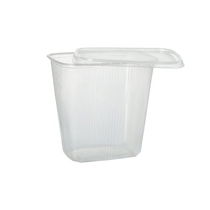 Starpak 100 -pakkauskuppi on läpinäkyvä, suorakulmainen 250 ml:n PP-muovinen elintarvikesäiliö, jossa on sopiva kansi. Tuote on kuvattu avattuna yksinkertaisella valkoisella taustalla. Sopii erinomaisesti elintarvikkeiden säilytykseen.