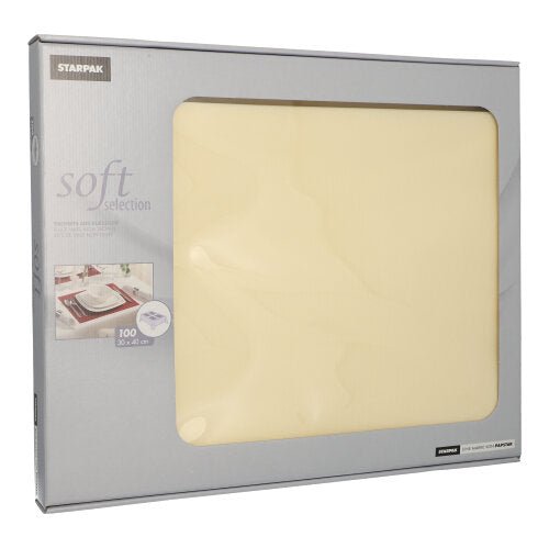 Laatikko Starpak Soft Selection pöytäsettejä, kankaan kaltaista kuitukangasta, sisältää 100 kermanväristä settiä koossa 30 x 40 cm. Osittain läpinäkyvä pakkaus näyttää yksityiskohdat – ihanteellinen eleganttiin pöytäkoristeluun tai sopiviksi servieteiksi.