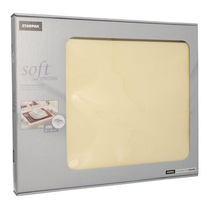 Laatikko Starpak Soft Selection pöytäsettejä, kankaan kaltaista kuitukangasta, sisältää 100 kermanväristä settiä koossa 30 x 40 cm. Osittain läpinäkyvä pakkaus näyttää yksityiskohdat – ihanteellinen eleganttiin pöytäkoristeluun tai sopiviksi servieteiksi.