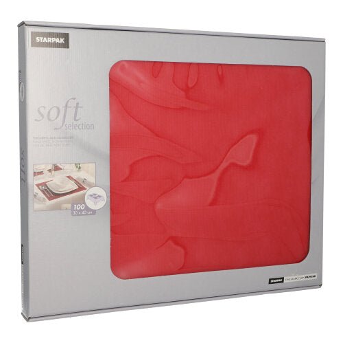 Hopeinen laatikko, jossa lukee ”Starpak Soft Selection”, sisältää 100 punaista, kankaan kaltaista kuitukangas-pöytäsettiä (30 x 40 cm) kirkkaalla muovi-ikkunalla – ihanteellinen eleganttiin pöytäkoristeluun tai tyylikkäiksi pöytäalustoiksi.