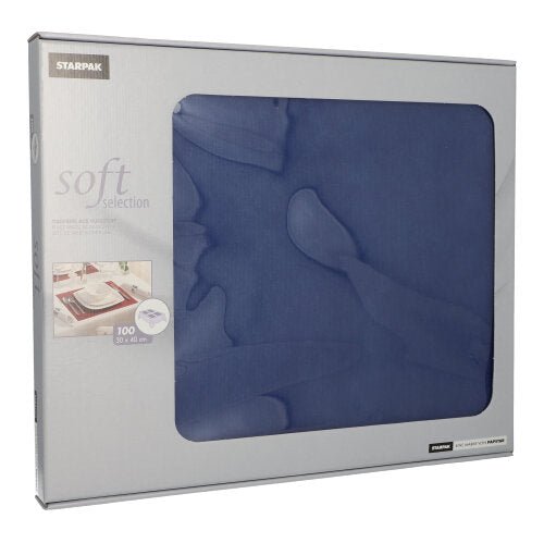 Hopeinen Starpak-laatikko, jossa lukee ”Soft Selection”, esittelee tummansinisiä, kankaan kaltaisia kuitukangas-pöytäsettejä (30 x 40 cm), elegantilla pöytäkoristelukuvalla ja läpinäkyvällä ikkunalla, josta 100 osaa sisällä näkyy.