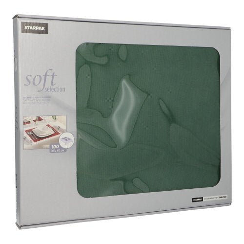 Laatikko Starpak 100 pöytäsettiä, kankaan kaltaista kuitukangasta ”Soft Selection” (30 x 40 cm), omaa läpinäkyvän ikkunan ja kuvan elegantista pöytäkoristelusta etupuolella.