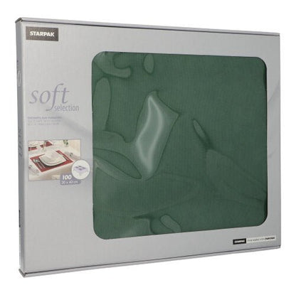 Laatikko Starpak 100 pöytäsettiä, kankaan kaltaista kuitukangasta ”Soft Selection” (30 x 40 cm), omaa läpinäkyvän ikkunan ja kuvan elegantista pöytäkoristelusta etupuolella.