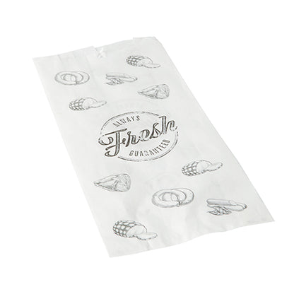 Der PAPSTAR 1000 Fleischerbeutel der PAPSTAR GmbH ist ein weißer Kraftpapierbeutel mit „Immer Frisch Garantiert“- und schwarzen Brötchen-, Brezel- und Croissant-Motiven – perfekt für Metzgereien oder als Fleischerbeutel.