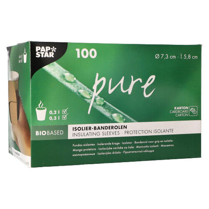 Vihreä-valkoinen annostelulaatikko PAPSTAR GmbH:ltä sisältää 100 "puhtaasti" ruskeaa kuumajuomamukin hihanauhaa (Ø 7,3 cm), tuotetietojen ja symbolien kera pakkauksessa.