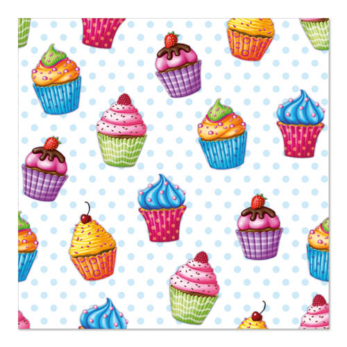 Ein nahtloses Muster von bunten Cupcakes mit verschiedenen Zuckergüssen und Dekorationen, inspiriert von PAPSTAR GmbH's 20 Servietten 33x33cm 3-ply Design Set 5, auf einem weißen Hintergrund mit hellblauen Punkten.