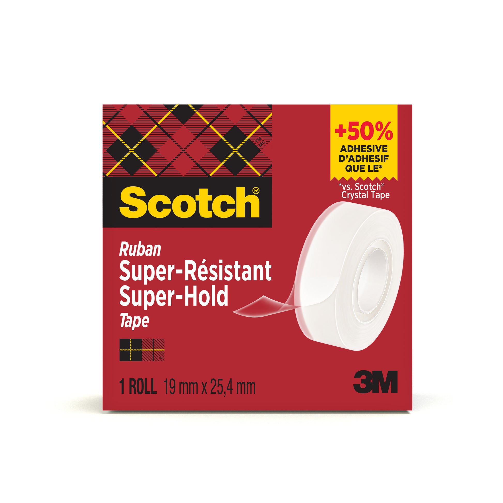 Eine Packung Scotch® Super-Hold Secure Tape (1 Rolle, 19 mm x 25,4 m) von 3M Deutschland GmbH, in roter Schachtel mit Karomuster und dem Hinweis auf 50% mehr Klebstoff.