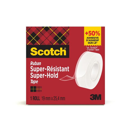 Yksi laatikko Scotch® Super-Hold Secure Tape (1 rulla, 19 mm x 25,4 m) 3M Deutschland GmbH:ltä näyttää läpinäkyvää teippiä läpinäkyviin liitoksiin punaisessa pakkauksessa, jossa on keltaista ja mustaa ruutua sekä tietoja englanniksi ja ranskaksi.