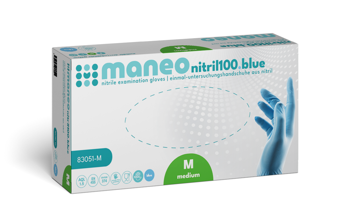 Eine rechteckige Schachtel MANEO Nitril-Handschuhe, hygienisch und strapazierfähig von ARNOWA GmbH. Mittlere Größe, in einer weißen Schachtel mit blauen und grünen Akzenten, mit einer behandschuhten Hand und Text in Englisch und Deutsch.