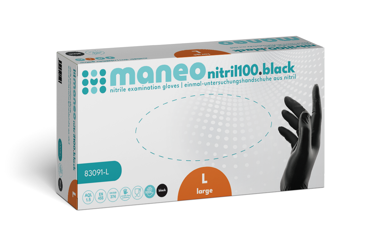Eine rechteckige Schachtel MANEO Nitril-Handschuhe, hygienisch und strapazierfähig von ARNOWA GmbH, Größe large, zeigt eine schwarz behandschuhte Hand auf der rechten Seite und blaue und orangefarbene Akzente auf weißem Hintergrund.